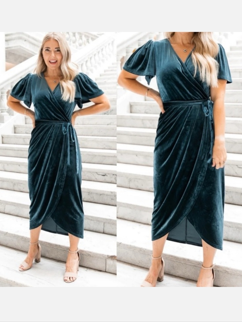 Ivy City Co Lillie Velvet Wrap Waist Tie Midi Dress Teal Blue Small